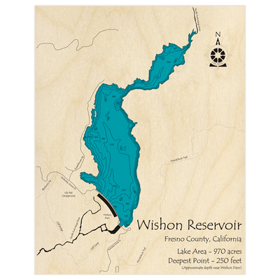 Bathymetric topo map of Wishon Reservoir with roads, towns and depths noted in blue water