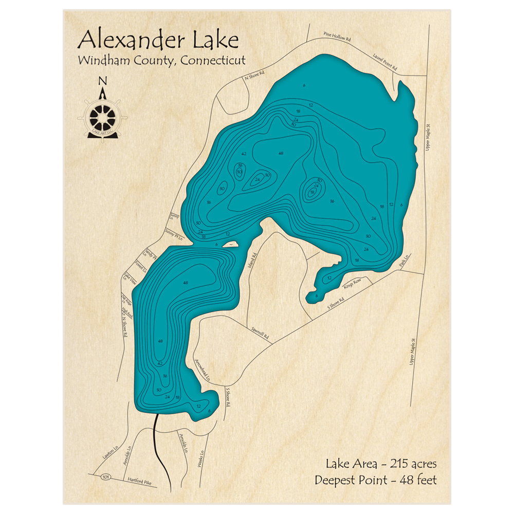 Bathymetric topo map of Alexander Lake with roads, towns and depths noted in blue water