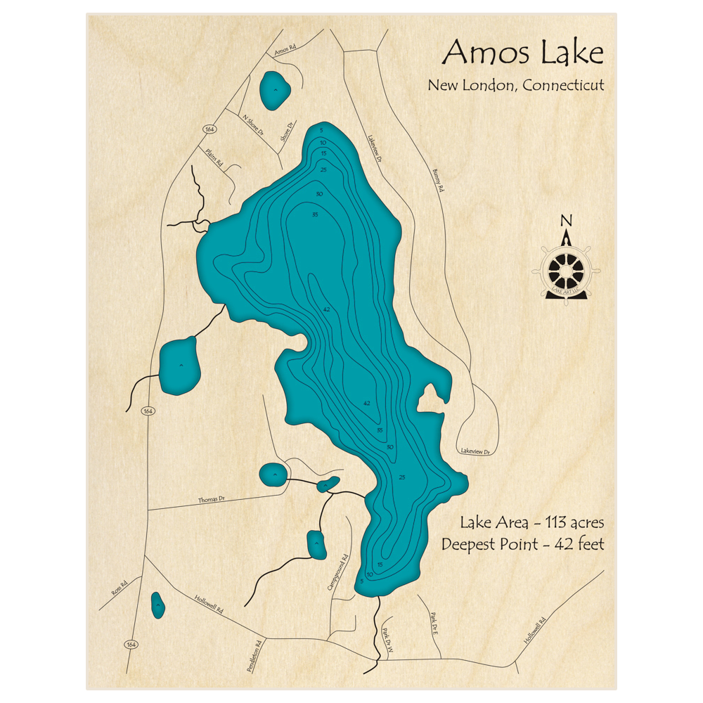 Bathymetric topo map of Amos Lake with roads, towns and depths noted in blue water