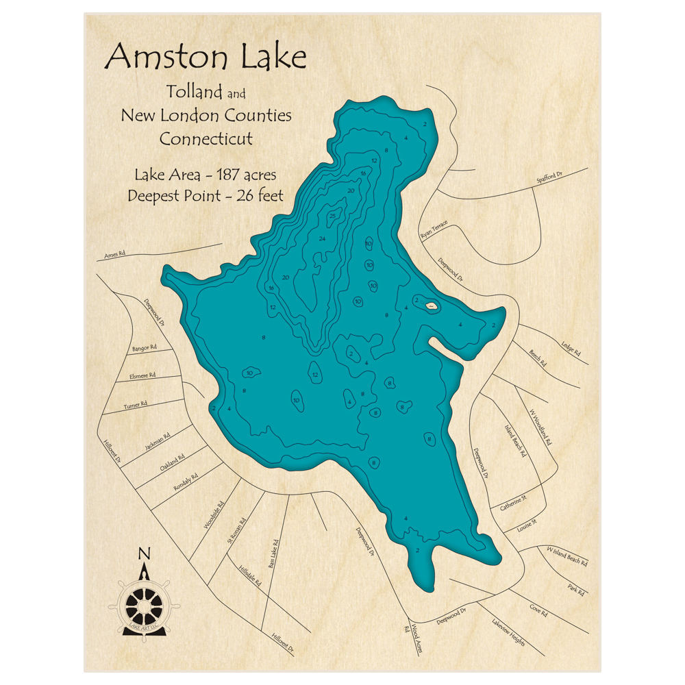 Bathymetric topo map of Amston Lake with roads, towns and depths noted in blue water