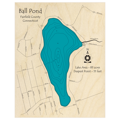 Bathymetric topo map of Ball Pond with roads, towns and depths noted in blue water