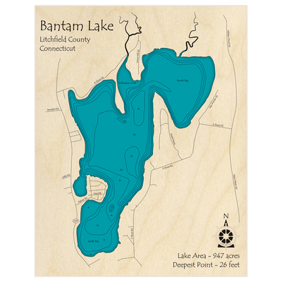 Bathymetric topo map of Bantam Lake with roads, towns and depths noted in blue water