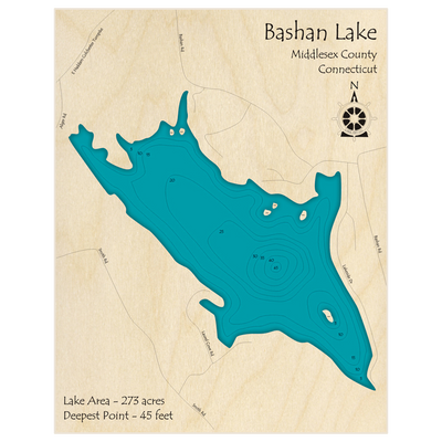 Bathymetric topo map of Bashan Lake with roads, towns and depths noted in blue water