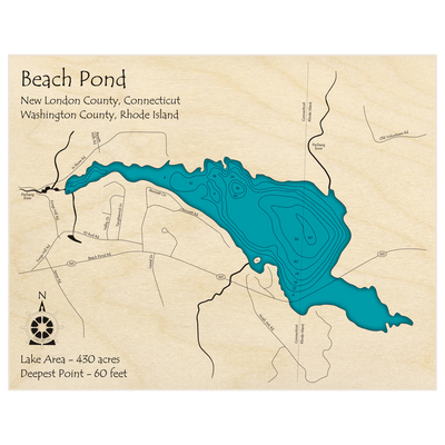 Bathymetric topo map of Beach Pond with roads, towns and depths noted in blue water