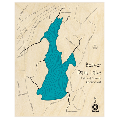 Bathymetric topo map of Beaver Dam Lake  with roads, towns and depths noted in blue water