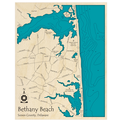Bathymetric topo map of Bethany Beach with roads, towns and depths noted in blue water