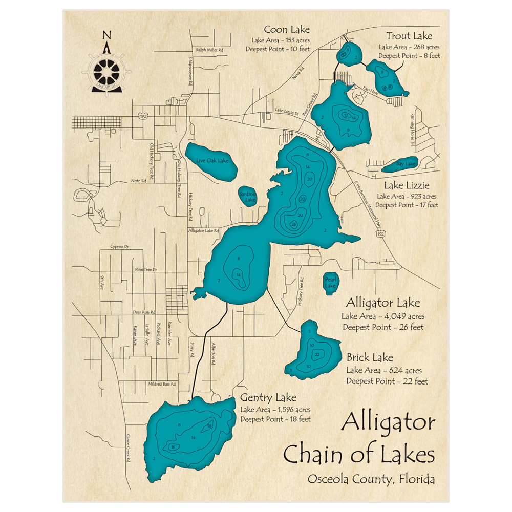 Bathymetric topo map of Alligator Chain with roads, towns and depths noted in blue water