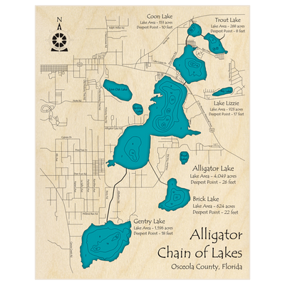 Bathymetric topo map of Alligator Chain with roads, towns and depths noted in blue water