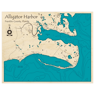 Bathymetric topo map of Alligator Harbor with roads, towns and depths noted in blue water