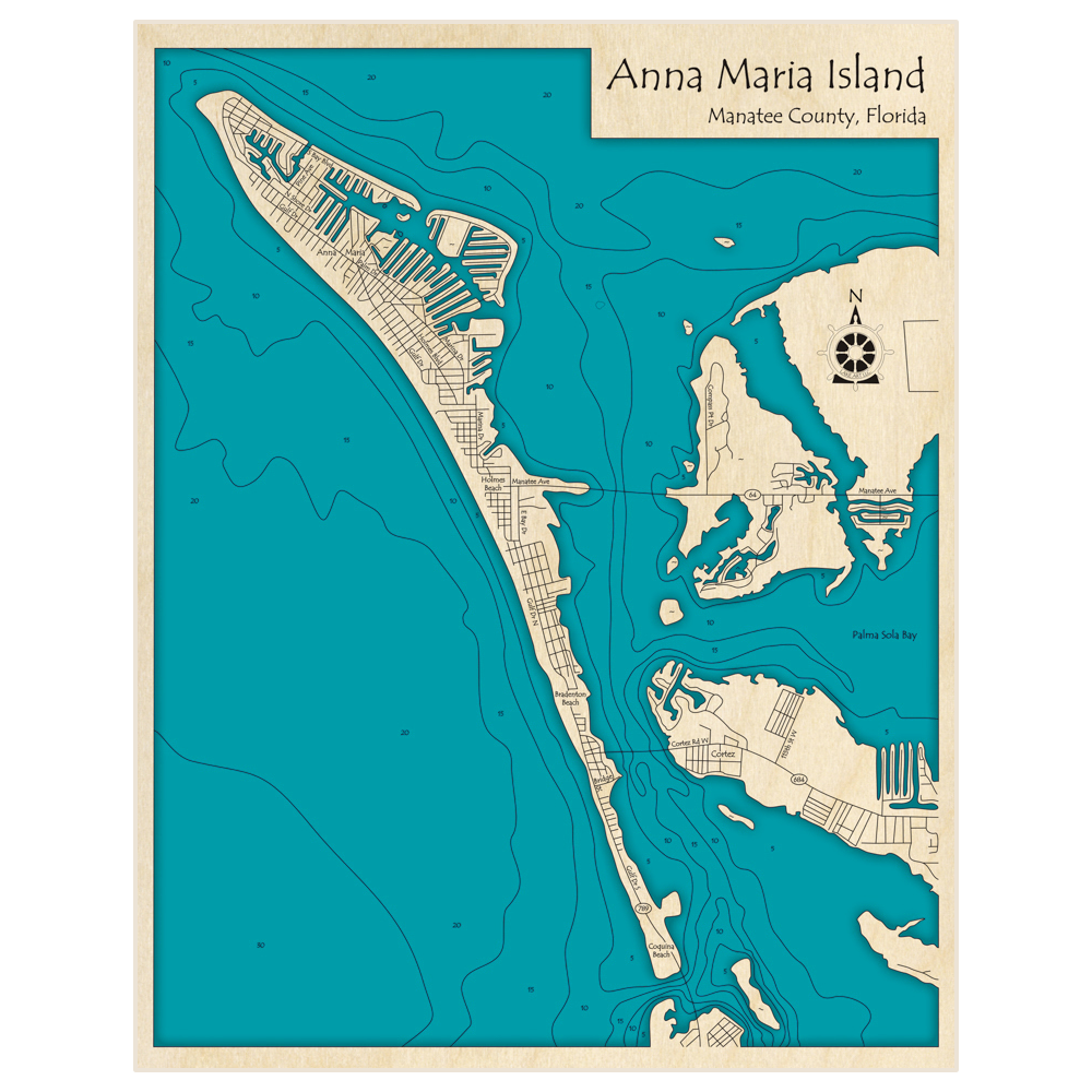 Bathymetric topo map of Anna Maria Island with roads, towns and depths noted in blue water