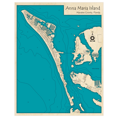 Bathymetric topo map of Anna Maria Island with roads, towns and depths noted in blue water