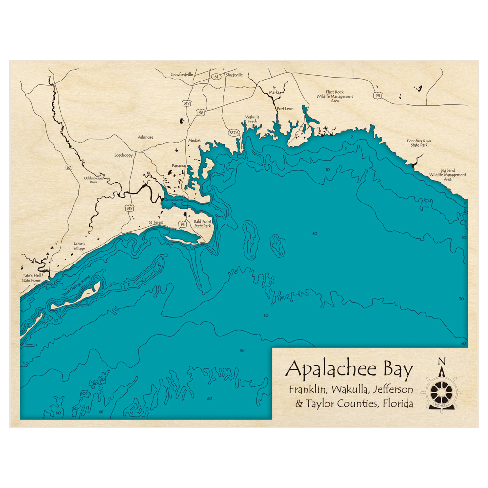 Bathymetric topo map of Apalachee Bay with roads, towns and depths noted in blue water