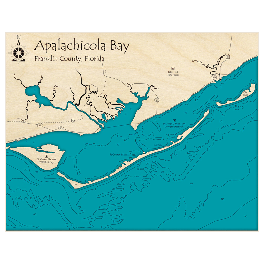 Bathymetric topo map of Apalachicola Bay with roads, towns and depths noted in blue water