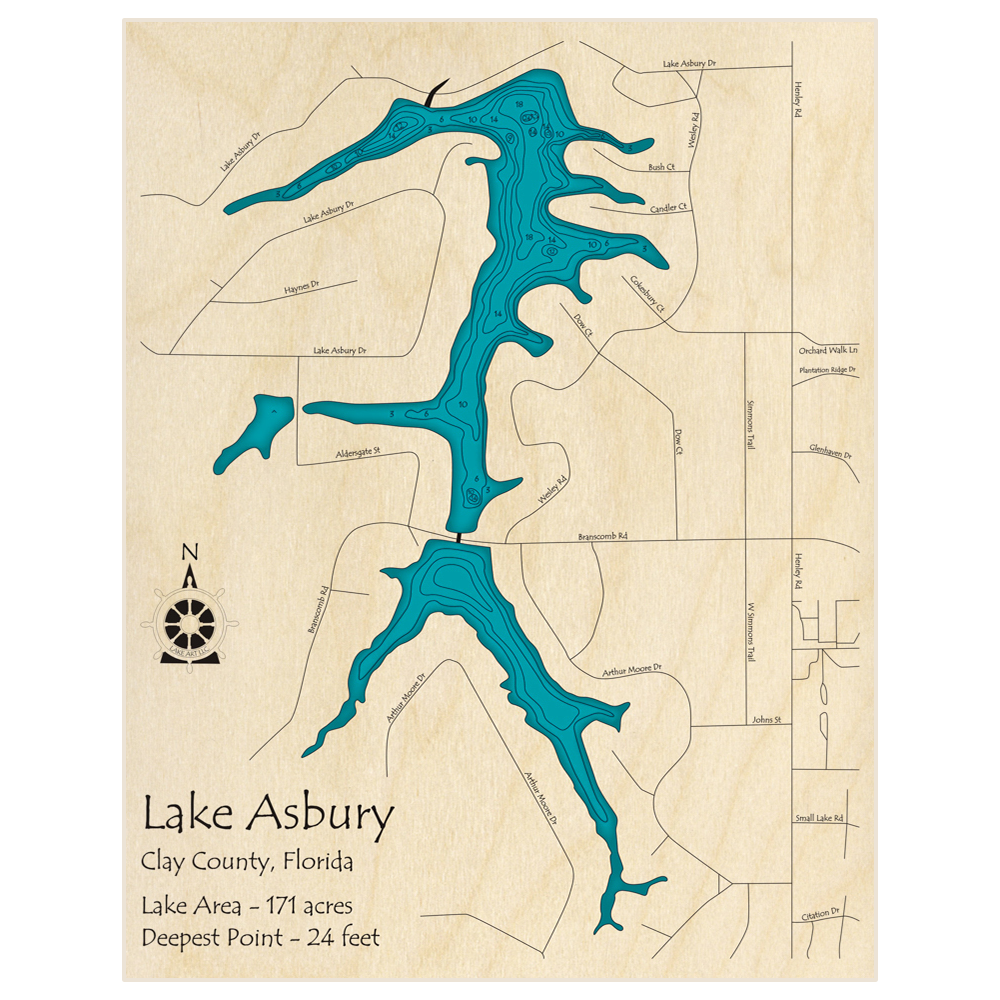 Bathymetric topo map of Asbury Lake with roads, towns and depths noted in blue water