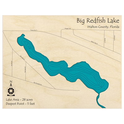 Bathymetric topo map of Big Redfish with roads, towns and depths noted in blue water