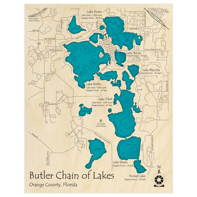 Bathymetric topo map of Butler Chain of Lakes with roads, towns and depths noted in blue water
