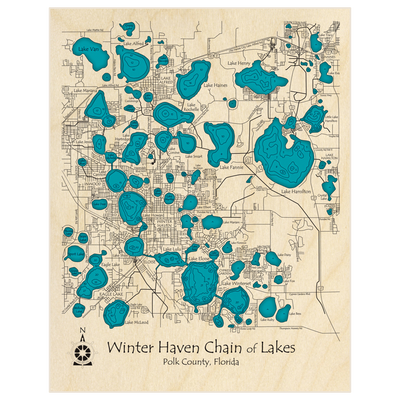 Bathymetric topo map of Winter Haven Chain of Lakes with roads, towns and depths noted in blue water