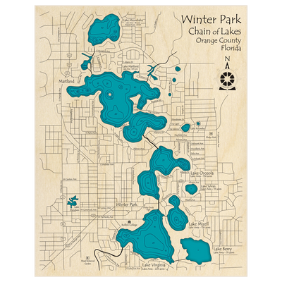 Bathymetric topo map of Winter Park Chain of Lakes (with Minnehaha) with roads, towns and depths noted in blue water