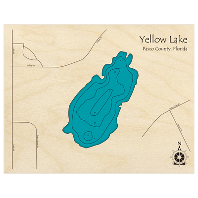 Bathymetric topo map of Yellow Lake with roads, towns and depths noted in blue water
