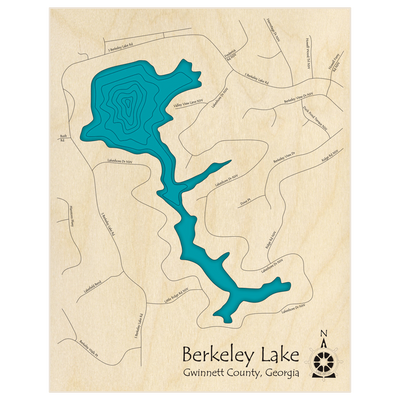 Bathymetric topo map of Berkeley Lake  with roads, towns and depths noted in blue water
