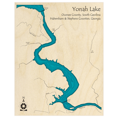 Bathymetric topo map of Yonah Lake  with roads, towns and depths noted in blue water