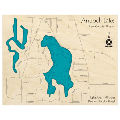 Bathymetric topo map of Antioch Lake with roads, towns and depths noted in blue water
