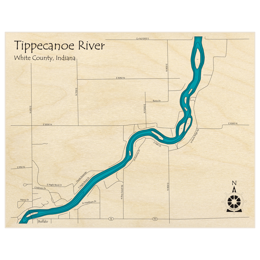 Tippecanoe River 3D Custom Wood Map Lake Art LLC