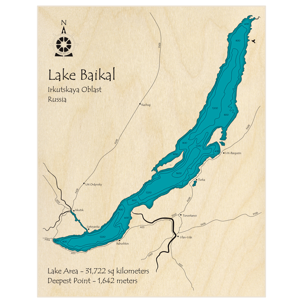 Lake Baikal 3D Custom Wood Map Lake Art LLC