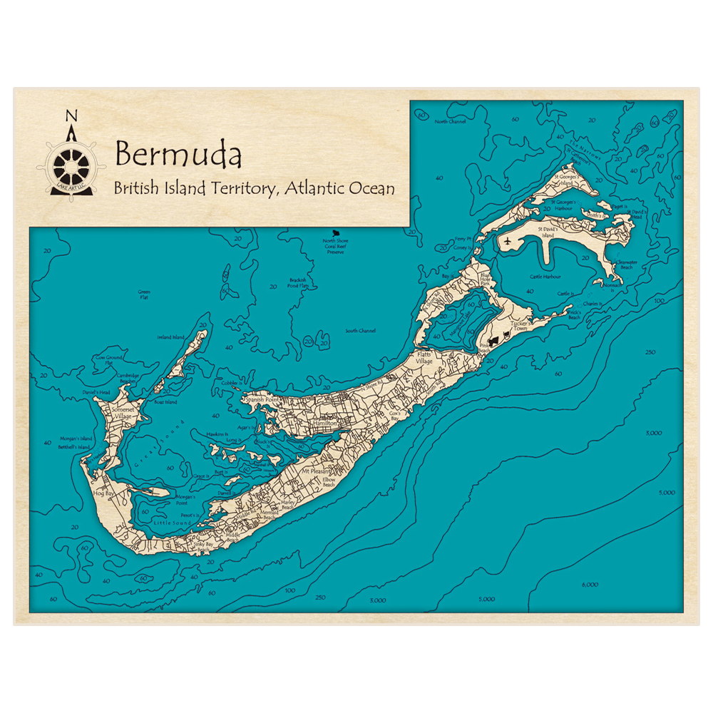 Bathymetric topo map of Bermuda with roads, towns and depths noted in blue water