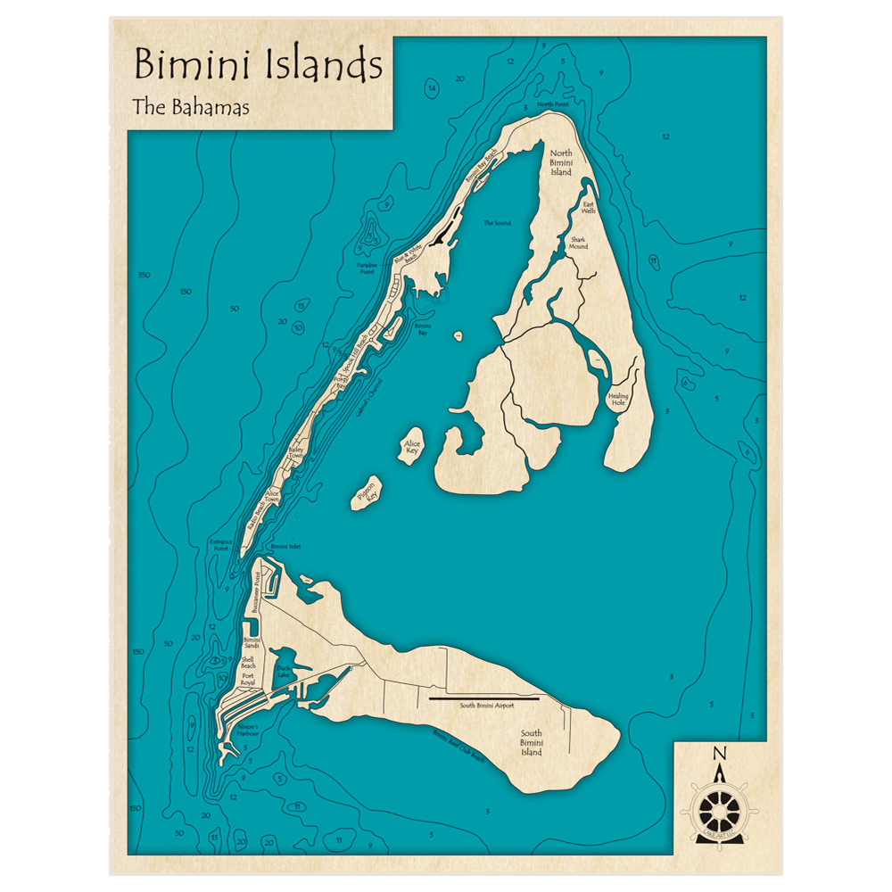 Bathymetric topo map of Bimini Islands with roads, towns and depths noted in blue water