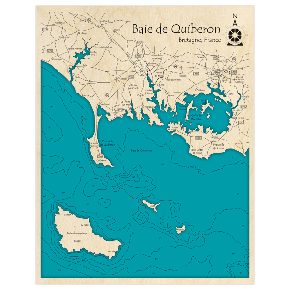 Bathymetric topo map of Baie de Quiberon with roads, towns and depths noted in blue water