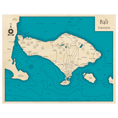 Bathymetric topo map of Bali with roads, towns and depths noted in blue water