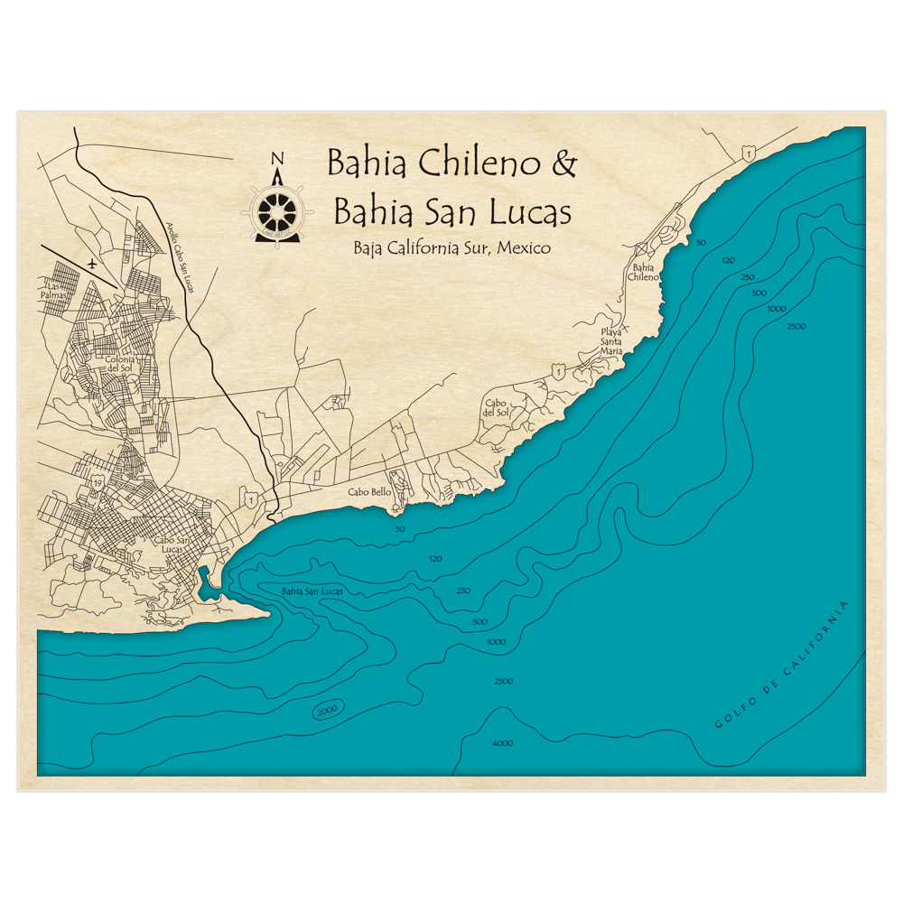 Bathymetric topo map of Bahia Chileno and Bahia San Lucas with roads, towns and depths noted in blue water