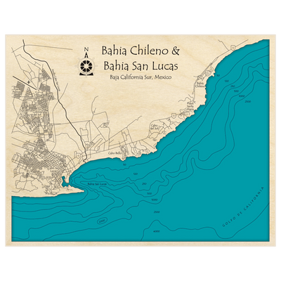 Bathymetric topo map of Bahia Chileno and Bahia San Lucas with roads, towns and depths noted in blue water