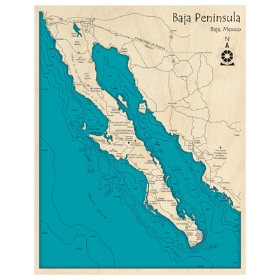 Bathymetric topo map of Baja Peninsula (entire) with roads, towns and depths noted in blue water