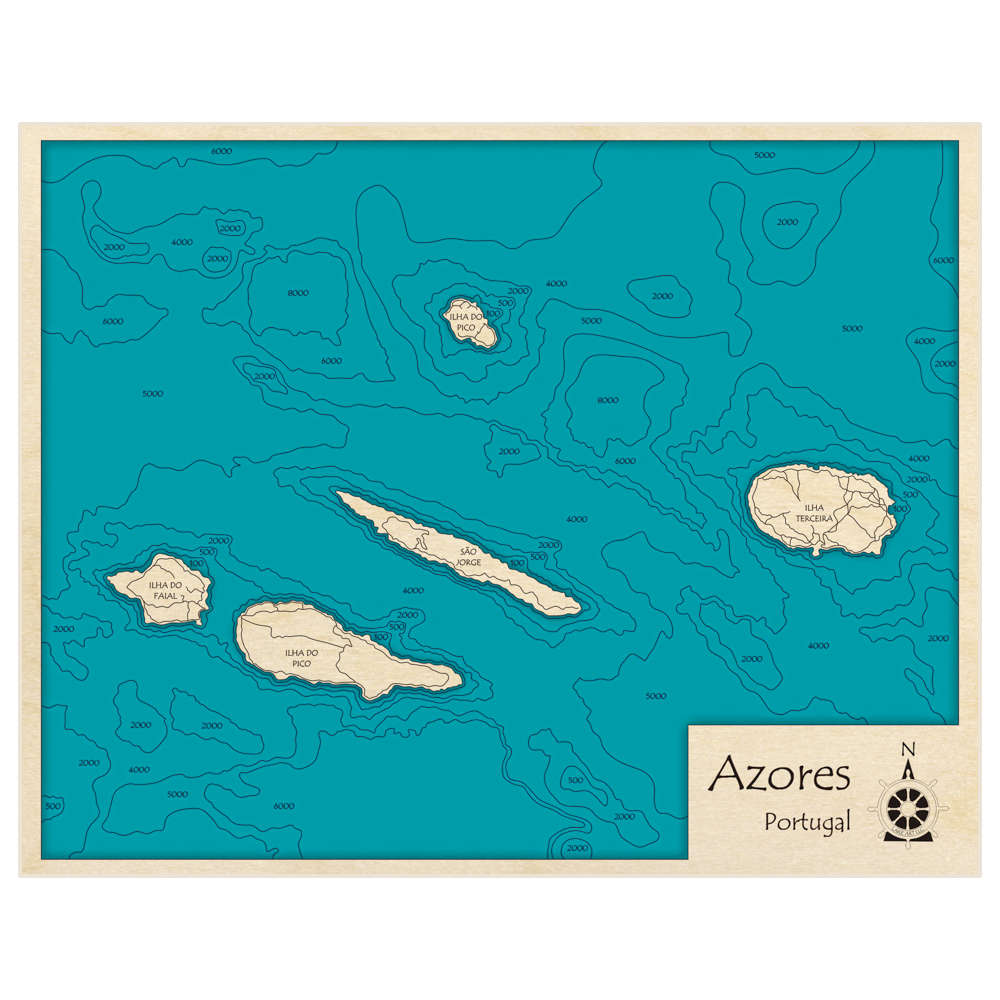 Bathymetric topo map of Azores Islands (Faial, Pico, Jorge, Graciosa, Terceira) with roads, towns and depths noted in blue water