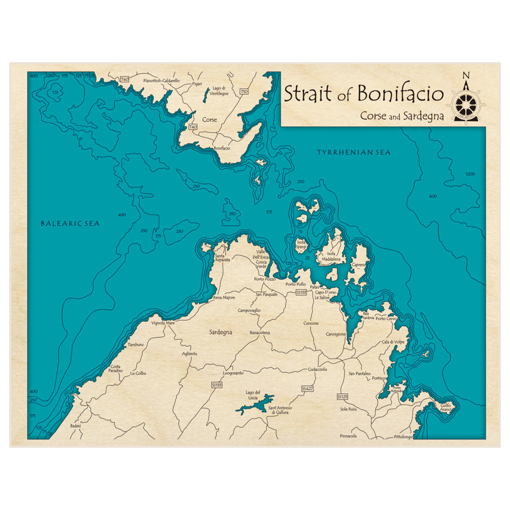 Strait of Bonifacio 3D Custom Wood Map – Lake Art LLC