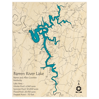 Bathymetric topo map of Barren River Lake with roads, towns and depths noted in blue water