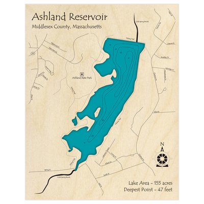 Bathymetric topo map of Ashland Reservoir with roads, towns and depths noted in blue water