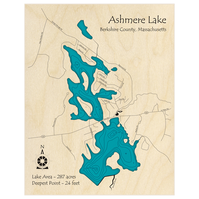 Bathymetric topo map of Ashmere Lake with roads, towns and depths noted in blue water