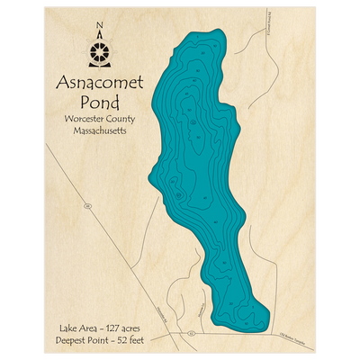 Bathymetric topo map of Asnacomet Pond with roads, towns and depths noted in blue water