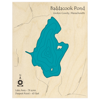 Bathymetric topo map of Baddacook Pond  with roads, towns and depths noted in blue water