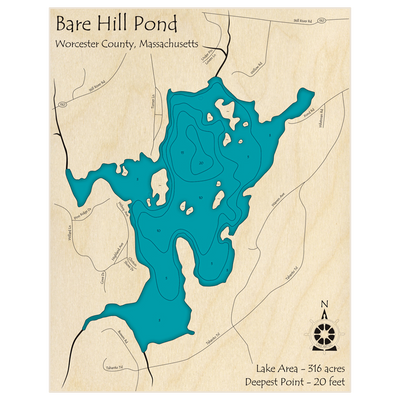 Bathymetric topo map of Bare Hill Pond with roads, towns and depths noted in blue water