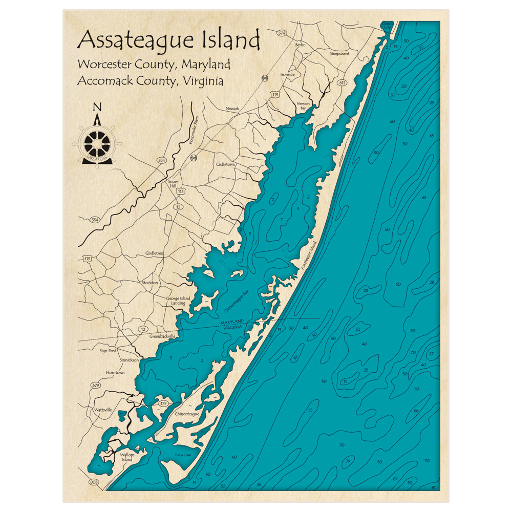 Bathymetric topo map of Assateague Island with roads, towns and depths noted in blue water