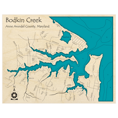 Bathymetric topo map of Bodkin Creek with roads, towns and depths noted in blue water