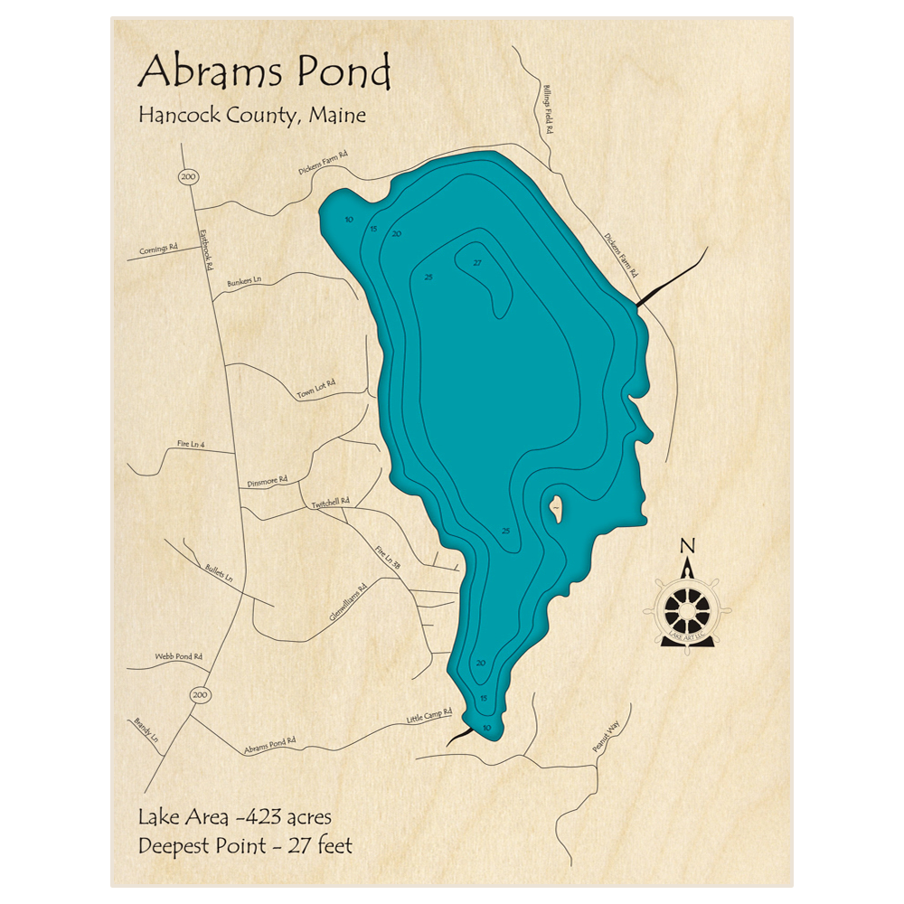 Bathymetric topo map of Abrams Pond with roads, towns and depths noted in blue water