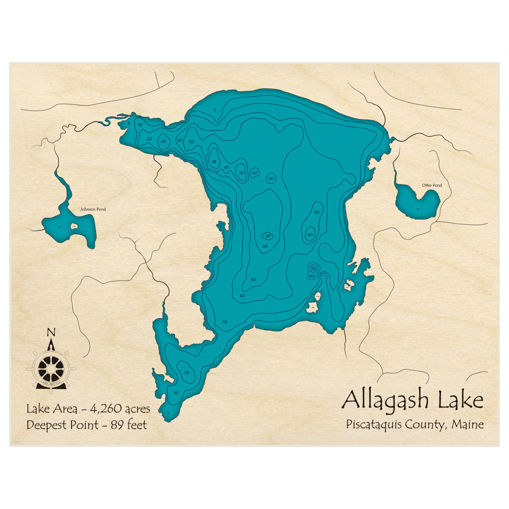 Bathymetric topo map of Allagash Lake with roads, towns and depths noted in blue water