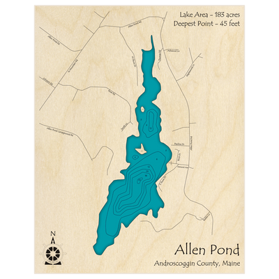 Bathymetric topo map of Allen Pond with roads, towns and depths noted in blue water