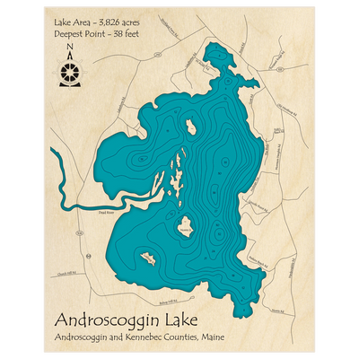 Bathymetric topo map of Androscoggin Lake with roads, towns and depths noted in blue water