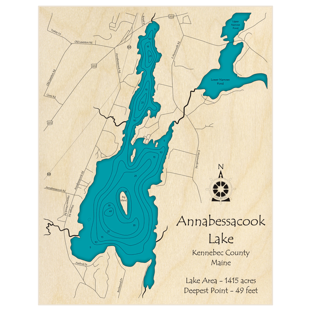 Bathymetric topo map of Annabessacook Lake with roads, towns and depths noted in blue water
